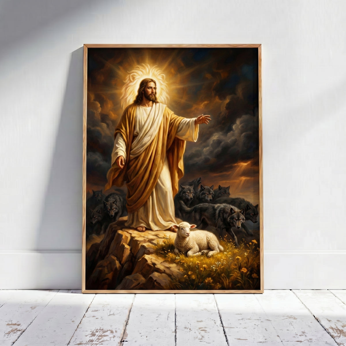 Jesus Protecting the Lamb Among Wolves Framed Canvas — 12 x 16 inch