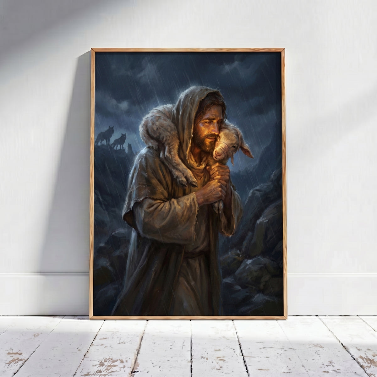 Jesus the Good Shepherd Carrying the Lost Lamb Framed Canvas — 12 x 16 inch