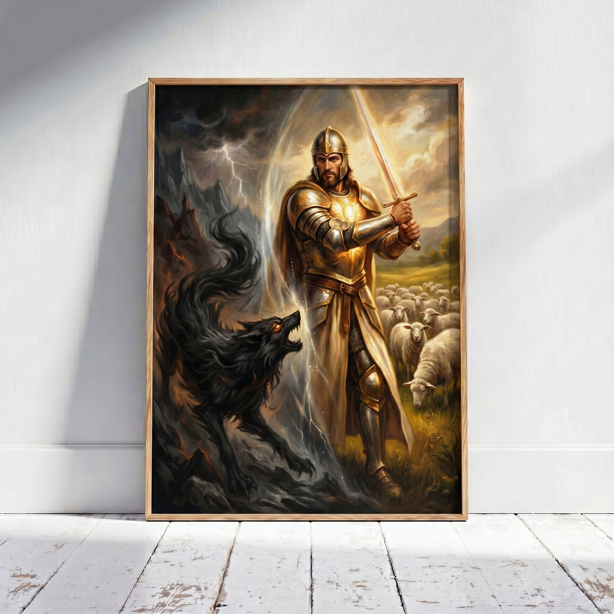 Jesus the Warrior Protecting His Flock Framed Canvas — 12 x 16 inch