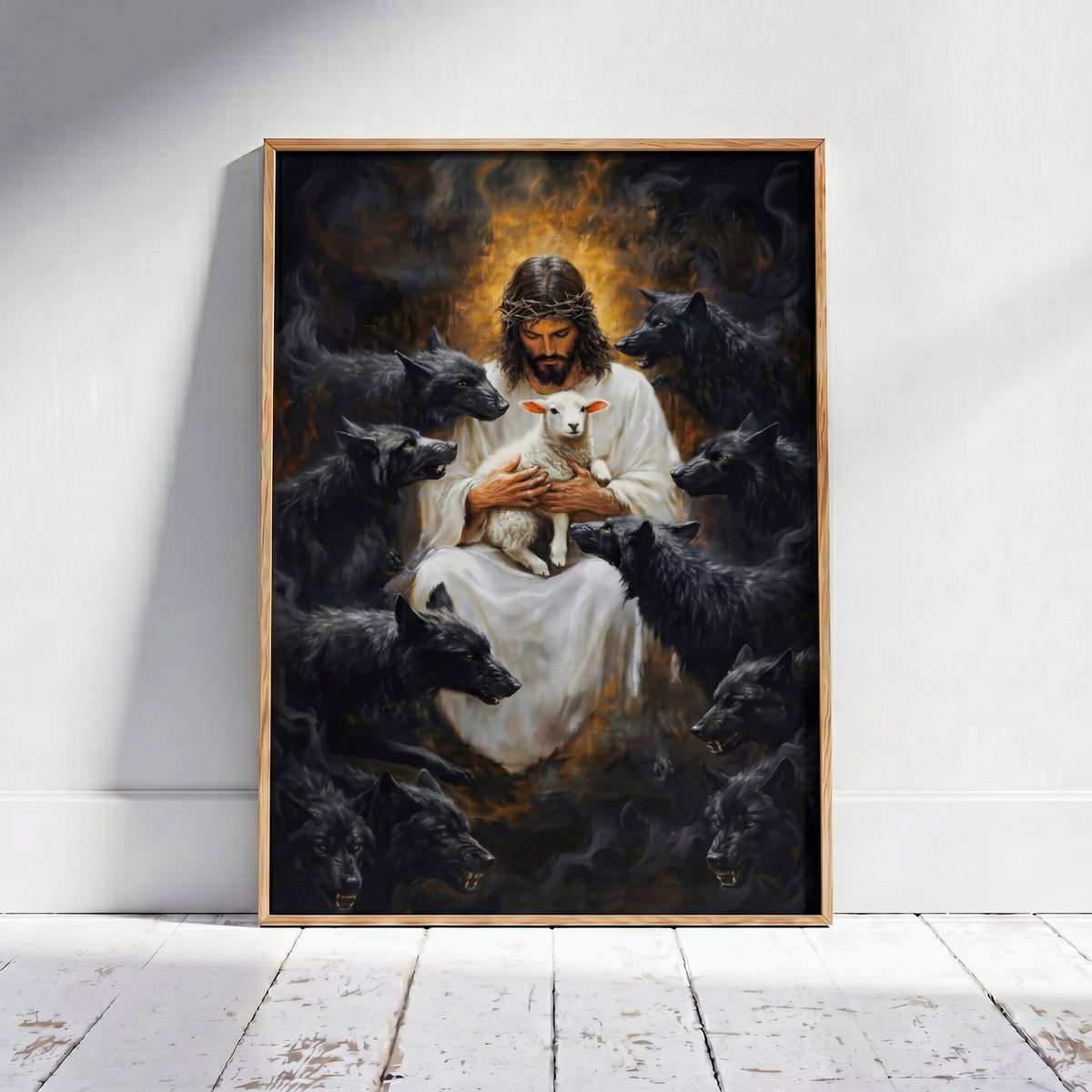 Divine Protector The Shepherd Among Wolves Framed Canvas — 12 x 16 inch