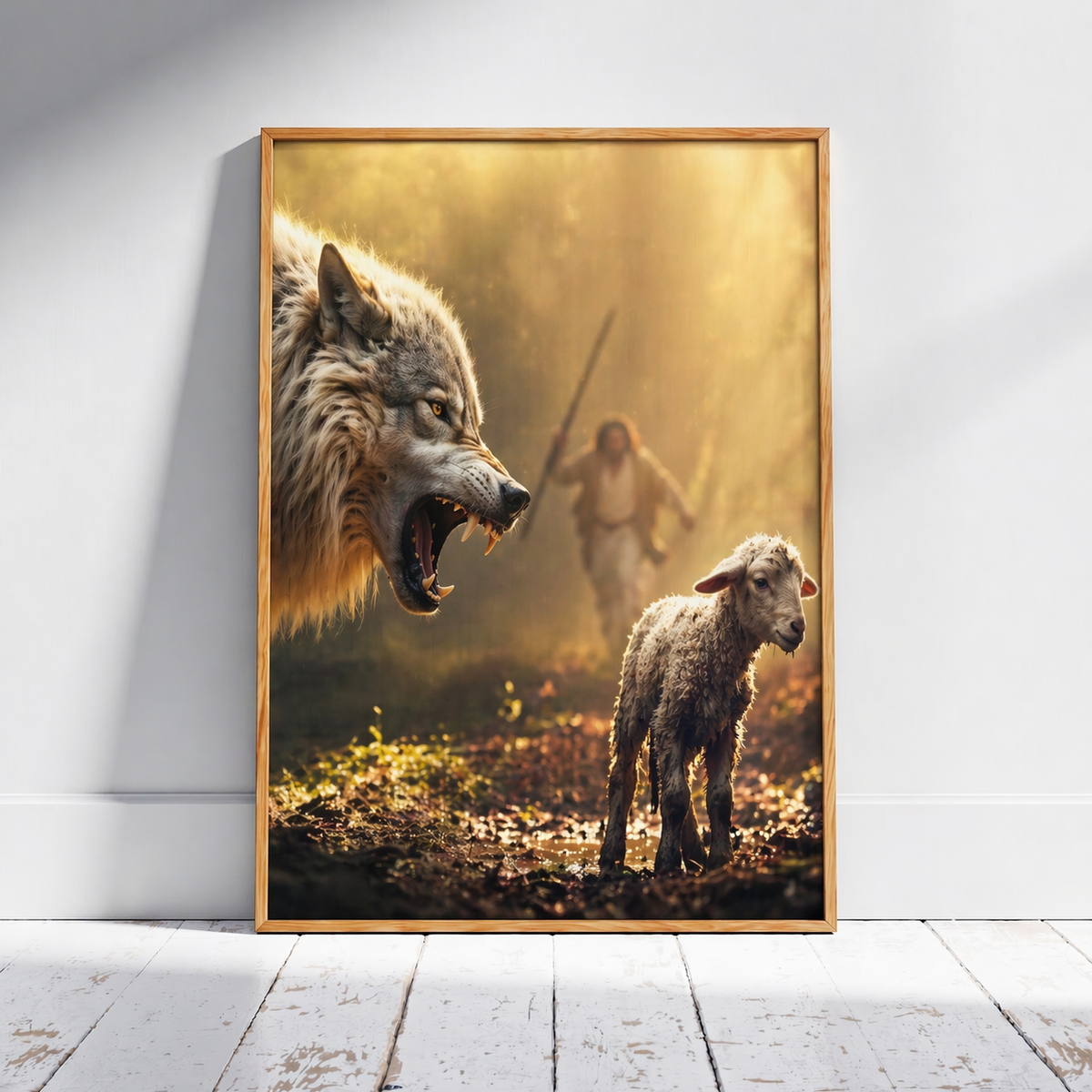 Jesus Runs to Save the Lamb Framed Canvas — 12 x 16 inch