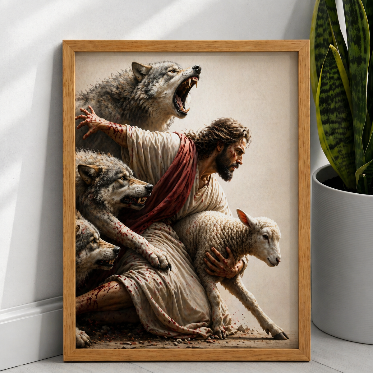 Jesus Protecting Lamb Framed Canvas — 12 x 16 inch